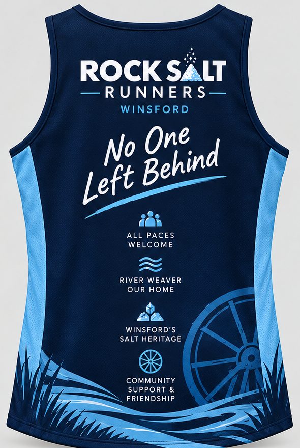 Back of the Rock Salt Runners club vest with the No One Left Behind slogan
