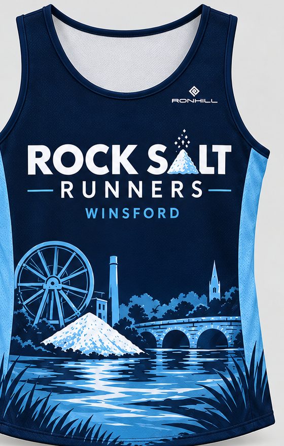 Front of the Rock Salt Runners club vest, featuring Winsford's salt heritage and River Weaver