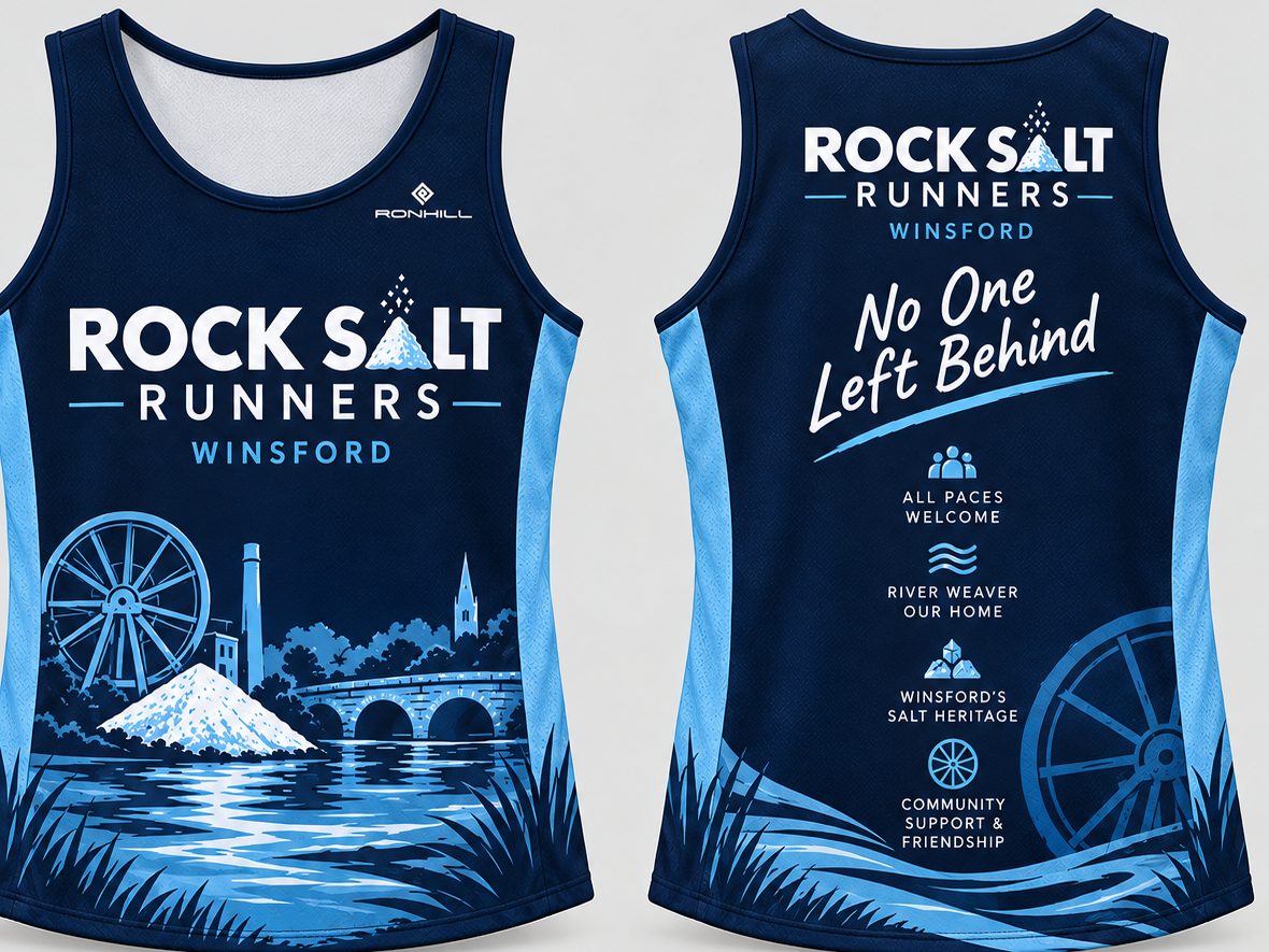 Rock Salt Runners club vest, front and back, showing the Winsford salt heap, water wheel and River Weaver bridge